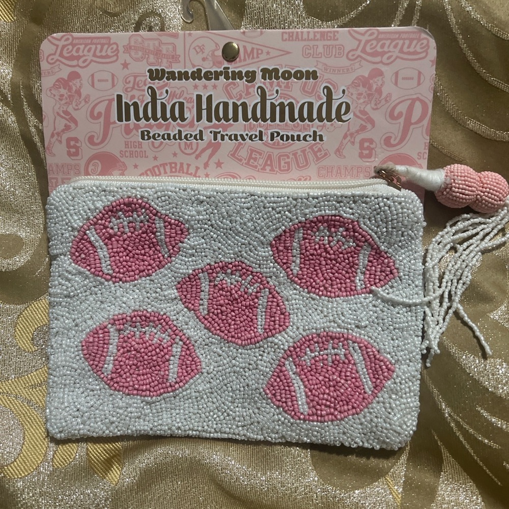 Wandering Moon Handmade football beaded travel pouch Pink Game Day NWT